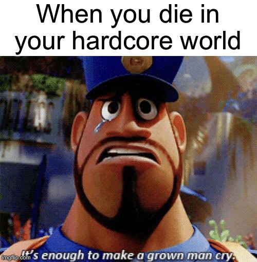 It's enough to make a grown man cry | When you die in your hardcore world | image tagged in it's enough to make a grown man cry | made w/ Imgflip meme maker