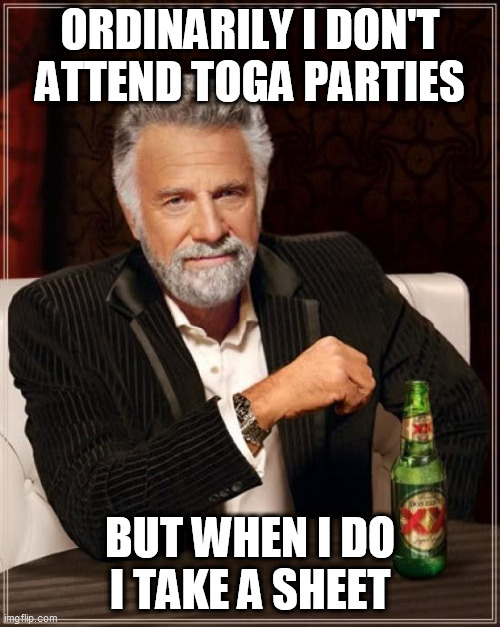 The Most Interesting Man In The World |  ORDINARILY I DON'T ATTEND TOGA PARTIES; BUT WHEN I DO I TAKE A SHEET | image tagged in memes,the most interesting man in the world,sheet,toga party,no2 | made w/ Imgflip meme maker