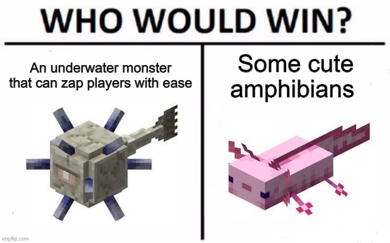 Axolotl strong | An underwater monster that can zap players with ease; Some cute amphibians | image tagged in memes,who would win,minecraft | made w/ Imgflip meme maker