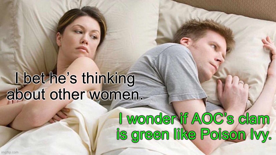 AOC is a crazier Poison Ivy | I bet he’s thinking about other women. I wonder if AOC’s clam is green like Poison Ivy. | image tagged in memes,i bet he's thinking about other women,aoc,poison ivy,dirty joke,green | made w/ Imgflip meme maker