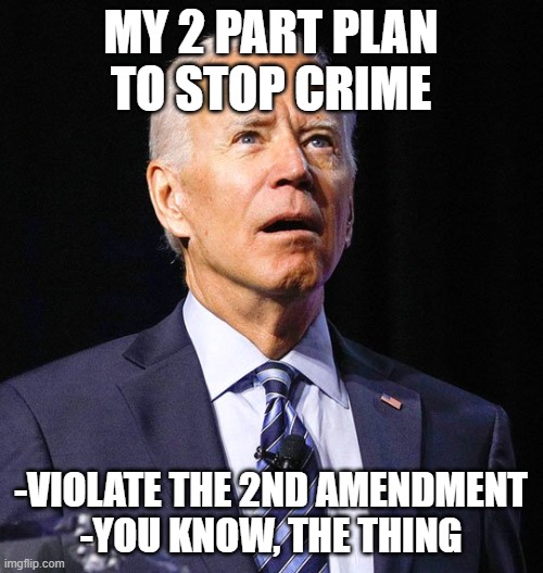 Joe Biden | MY 2 PART PLAN TO STOP CRIME; -VIOLATE THE 2ND AMENDMENT

-YOU KNOW, THE THING | image tagged in joe biden | made w/ Imgflip meme maker