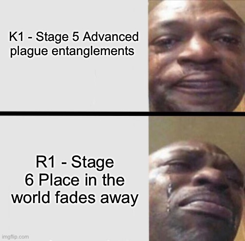 Me in Everywhere at the end of time: | K1 - Stage 5 Advanced plague entanglements; R1 - Stage 6 Place in the world fades away | image tagged in everywhere,memes | made w/ Imgflip meme maker