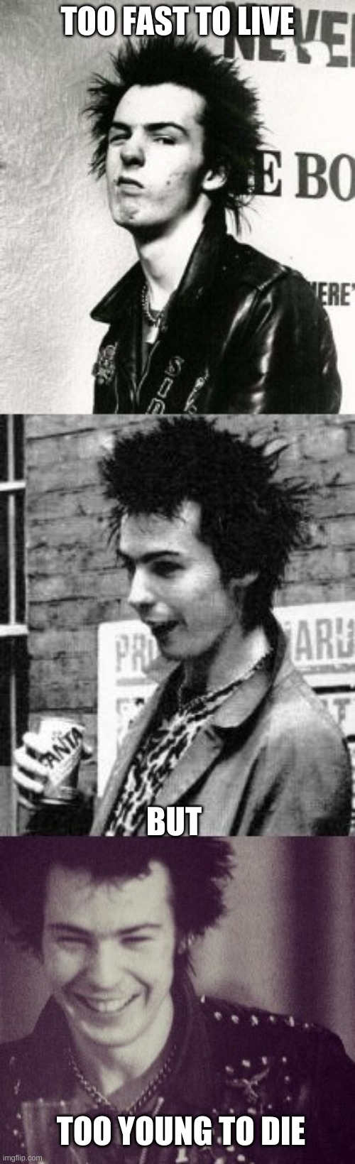Bad Pun Sid Vicious | TOO FAST TO LIVE; BUT; TOO YOUNG TO DIE | image tagged in bad pun sid vicious,rest in peace | made w/ Imgflip meme maker