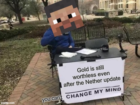 sorry gold defenders, it's true | Gold is still worthless even after the Nether update; you can't | image tagged in memes,change my mind | made w/ Imgflip meme maker