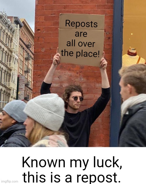 Everywhere I go, I see a repost |  Reposts are all over the place! Known my luck, this is a repost. | image tagged in memes,guy holding cardboard sign,repost,repost week | made w/ Imgflip meme maker