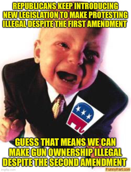 The law of unforeseen consequences says be careful what you ask for | REPUBLICANS KEEP INTRODUCING NEW LEGISLATION TO MAKE PROTESTING ILLEGAL DESPITE THE FIRST AMENDMENT; GUESS THAT MEANS WE CAN MAKE GUN OWNERSHIP ILLEGAL DESPITE THE SECOND AMENDMENT | image tagged in crying republican,tit for tat | made w/ Imgflip meme maker