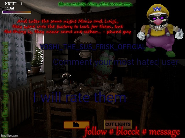 Horror Yoshi(Yoshi_Official Announcement Temp v8 alt alt) | Comment your most hated user; I will rate them | image tagged in horror yoshi yoshi_official announcement temp v8 alt alt | made w/ Imgflip meme maker