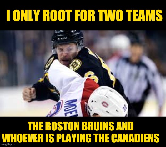 Bruins | I ONLY ROOT FOR TWO TEAMS; THE BOSTON BRUINS AND WHOEVER IS PLAYING THE CANADIENS | image tagged in boston,hockey | made w/ Imgflip meme maker