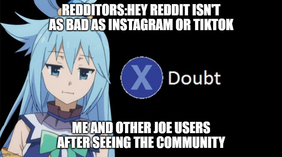 SOUP-RICISINGLY REDDIT IS ACTUALLY REALLY BAD IF YOU GO TO THE COMMUNITY | REDDITORS:HEY REDDIT ISN'T AS BAD AS INSTAGRAM OR TIKTOK; ME AND OTHER JOE USERS AFTER SEEING THE COMMUNITY | image tagged in aqua x to doubt | made w/ Imgflip meme maker