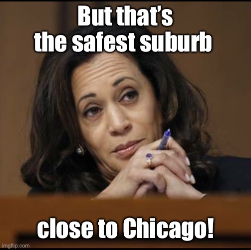 Kamala Harris  | But that’s the safest suburb close to Chicago! | image tagged in kamala harris | made w/ Imgflip meme maker