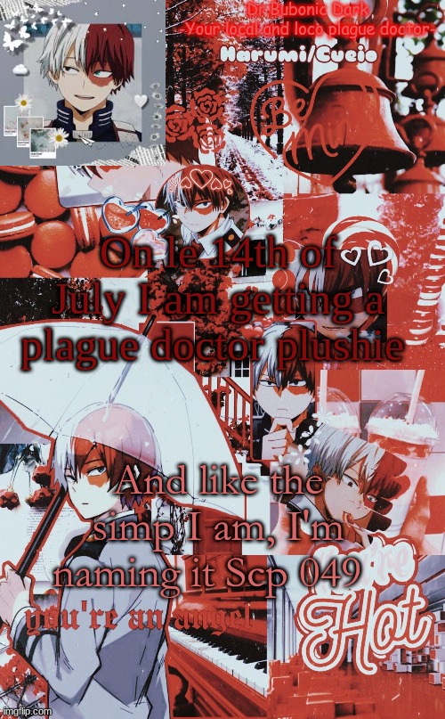 On le 14th of July I am getting a plague doctor plushie; And like the simp I am, I'm naming it Scp 049 | image tagged in jesus frick another todoroki temp | made w/ Imgflip meme maker