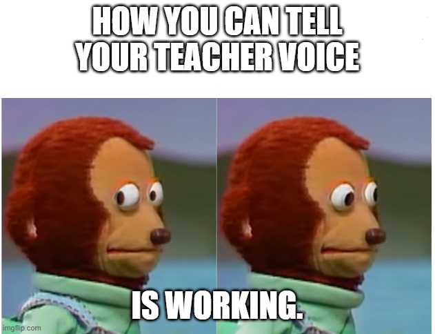 Monkey puppet looking away good quality | HOW YOU CAN TELL YOUR TEACHER VOICE; IS WORKING. | image tagged in monkey puppet looking away good quality | made w/ Imgflip meme maker