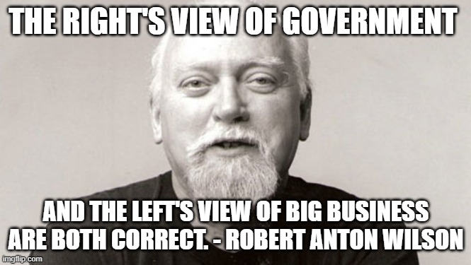 both are right | THE RIGHT'S VIEW OF GOVERNMENT; AND THE LEFT'S VIEW OF BIG BUSINESS ARE BOTH CORRECT. - ROBERT ANTON WILSON | image tagged in robert anton wilson | made w/ Imgflip meme maker