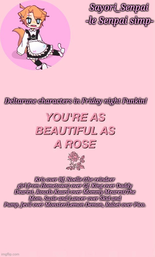 Holy shit, this is an announcement temp | Deltarune characters in Friday night Funkin! Kris over Bf, Noelle (the reindeer girl from Hometown) over Gf, King over Daddy Dearest, Rouxls Kaard over Mommy Mearest/The Mom, Susie and Lancer over Skid and Pump, Jevil over Monster/Lemon Demon, Ralsei over Pico. | image tagged in holy shit this is an announcement temp | made w/ Imgflip meme maker
