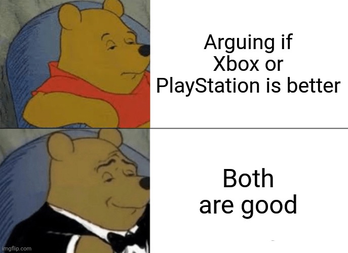 Tuxedo Winnie The Pooh | Arguing if Xbox or PlayStation is better; Both are good | image tagged in memes,tuxedo winnie the pooh | made w/ Imgflip meme maker