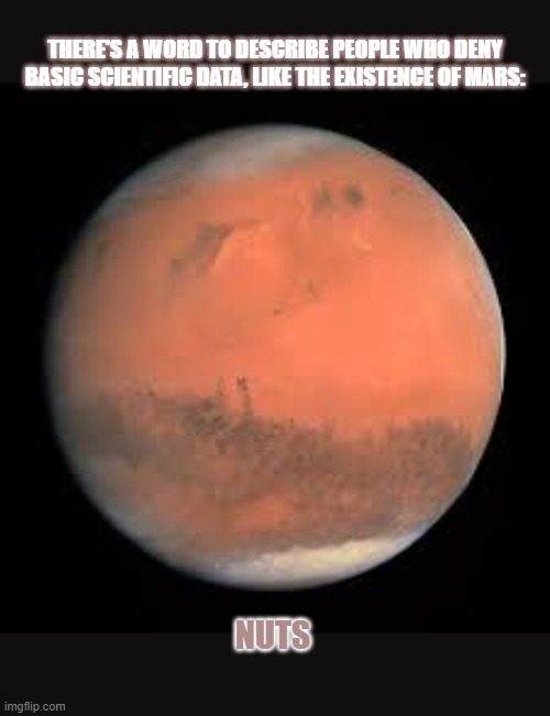 There's a word to describe people who deny basic scientific data, like the existence of Mars | THERE'S A WORD TO DESCRIBE PEOPLE WHO DENY
BASIC SCIENTIFIC DATA, LIKE THE EXISTENCE OF MARS:; NUTS | image tagged in crazy,nuts,mars,denial | made w/ Imgflip meme maker