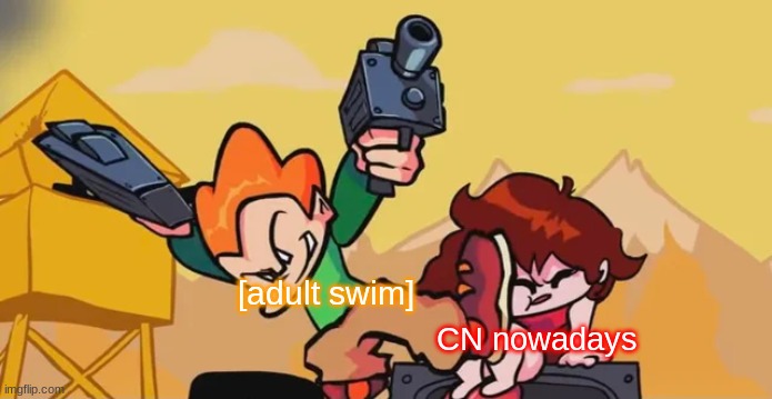 Pico kicking Girlfriend | [adult swim]; CN nowadays | image tagged in pico kicking girlfriend | made w/ Imgflip meme maker