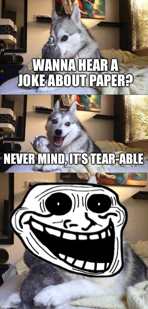 Paper joke | WANNA HEAR A JOKE ABOUT PAPER? NEVER MIND, IT’S TEAR-ABLE | image tagged in memes,bad pun dog,dad joke dog | made w/ Imgflip meme maker