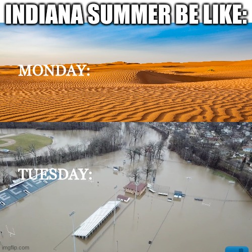 It do be like that | INDIANA SUMMER BE LIKE:; MONDAY:; TUESDAY: | image tagged in indiana | made w/ Imgflip meme maker