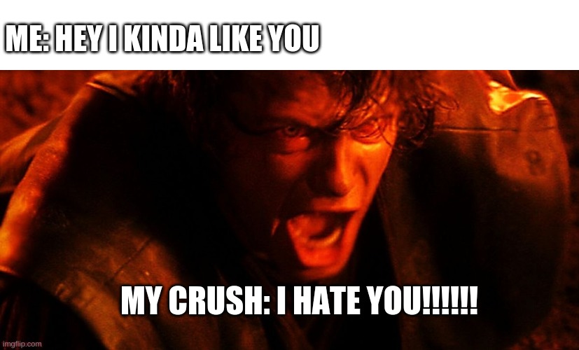 Why... What did I do! | ME: HEY I KINDA LIKE YOU; MY CRUSH: I HATE YOU!!!!!! | image tagged in anakin i hate you,funny,crush,memes,starwars,barney will eat all of your delectable biscuits | made w/ Imgflip meme maker