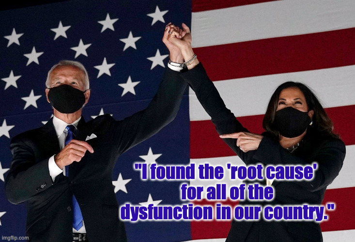 We have to look at the root cause | "I found the 'root cause' 
for all of the dysfunction in our country." | image tagged in kamala,joe,sleepy joe,root cause | made w/ Imgflip meme maker