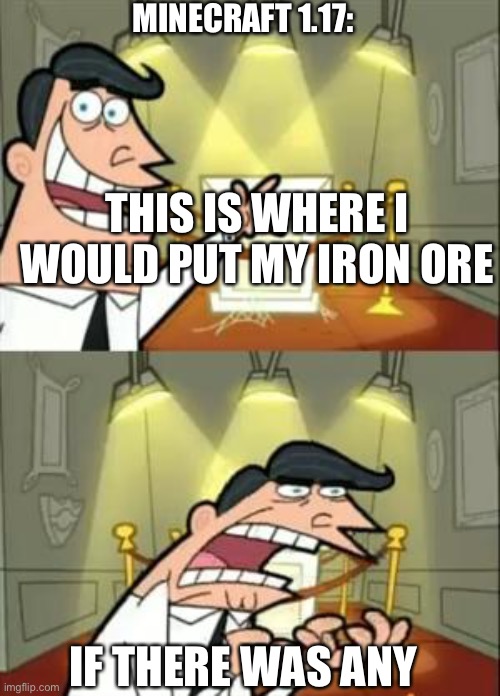 New minecraft | MINECRAFT 1.17:; THIS IS WHERE I WOULD PUT MY IRON ORE; IF THERE WAS ANY | image tagged in memes,minecraft,iron ore | made w/ Imgflip meme maker