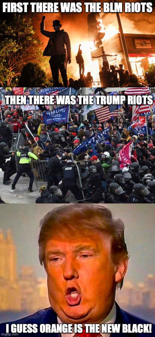 FIRST THERE WAS THE BLM RIOTS; THEN THERE WAS THE TRUMP RIOTS; I GUESS ORANGE IS THE NEW BLACK! | image tagged in blm riots,cop-killer maga right wing capitol riot january 6th,trump orange | made w/ Imgflip meme maker