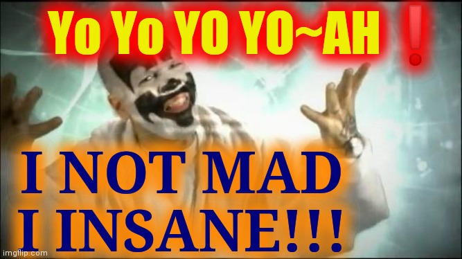 Insane Clown Posse | Yo Yo YO YO~AH❗ I NOT MAD
I INSANE!!! | image tagged in insane clown posse | made w/ Imgflip meme maker