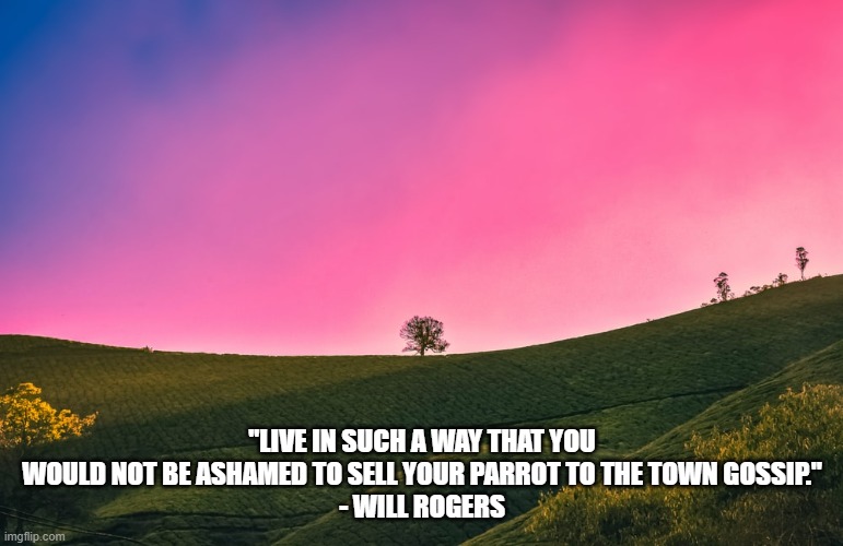 "Live in such a way that you would not be ashamed to sell your parrot to the town gossip." | "LIVE IN SUCH A WAY THAT YOU WOULD NOT BE ASHAMED TO SELL YOUR PARROT TO THE TOWN GOSSIP."
 - WILL ROGERS | image tagged in will rogers,life,love | made w/ Imgflip meme maker