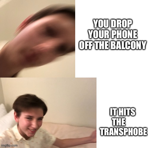 YOU DROP YOUR PHONE OFF THE BALCONY; IT HITS THE       TRANSPHOBE | image tagged in transphobic,panic | made w/ Imgflip meme maker