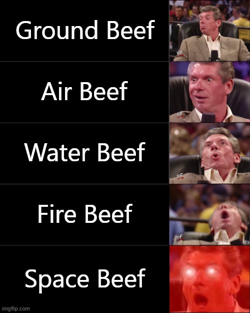 Beef |  Ground Beef; Air Beef; Water Beef; Fire Beef; Space Beef | image tagged in vince mcmahon 5 tier dark | made w/ Imgflip meme maker
