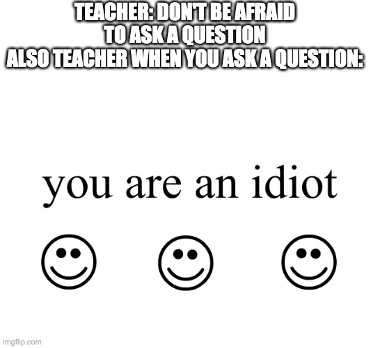 You Are An Idiot!! | TEACHER: DON'T BE AFRAID TO ASK A QUESTION
ALSO TEACHER WHEN YOU ASK A QUESTION: | image tagged in you are an idiot | made w/ Imgflip meme maker
