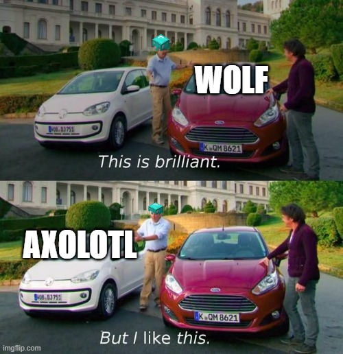 This Is Brilliant But I Like This | WOLF; AXOLOTL | image tagged in this is brilliant but i like this | made w/ Imgflip meme maker