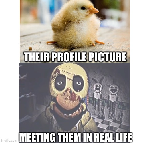 Tinder be like |  THEIR PROFILE PICTURE; MEETING THEM IN REAL LIFE | image tagged in funny,five nights at freddys,funny memes | made w/ Imgflip meme maker