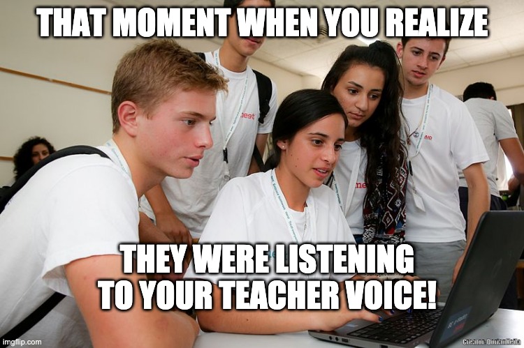 Teacher Voice | THAT MOMENT WHEN YOU REALIZE; THEY WERE LISTENING TO YOUR TEACHER VOICE! Creator: DorianKeila | image tagged in teamwork | made w/ Imgflip meme maker