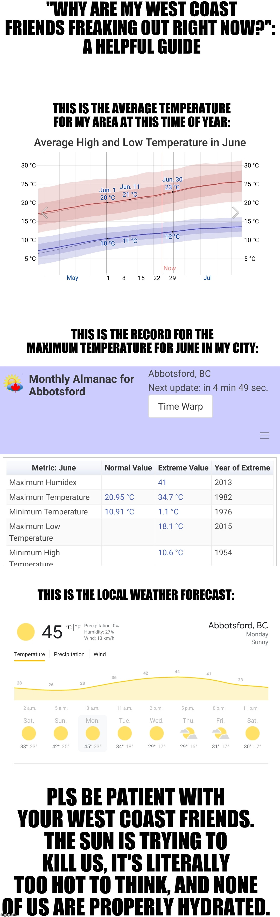 Heatwave 2021 | "WHY ARE MY WEST COAST FRIENDS FREAKING OUT RIGHT NOW?": 
A HELPFUL GUIDE; THIS IS THE AVERAGE TEMPERATURE FOR MY AREA AT THIS TIME OF YEAR:; THIS IS THE RECORD FOR THE MAXIMUM TEMPERATURE FOR JUNE IN MY CITY:; THIS IS THE LOCAL WEATHER FORECAST:; PLS BE PATIENT WITH YOUR WEST COAST FRIENDS. THE SUN IS TRYING TO KILL US, IT'S LITERALLY TOO HOT TO THINK, AND NONE OF US ARE PROPERLY HYDRATED. | image tagged in the sun is trying to kill us,brain overheating,west coast,2021 | made w/ Imgflip meme maker
