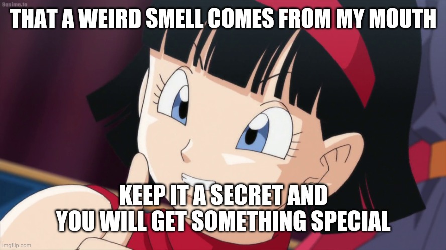 Videl | THAT A WEIRD SMELL COMES FROM MY MOUTH; KEEP IT A SECRET AND YOU WILL GET SOMETHING SPECIAL | image tagged in videl | made w/ Imgflip meme maker