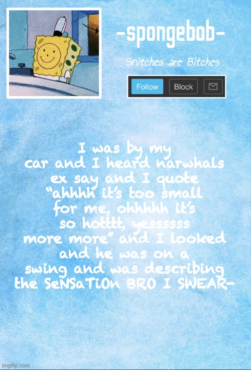 Lamoo | I was by my car and I heard narwhals ex say and I quote “ahhhh it’s too small for me, ohhhhh it’s so hotttt, yessssss more more” and I looked and he was on a swing and was describing the SeNSaTiOn BRO I SWEAR- | image tagged in sponge temp | made w/ Imgflip meme maker