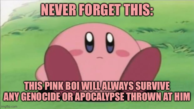 The Kirb is a god | NEVER FORGET THIS:; THIS PINK BOI WILL ALWAYS SURVIVE ANY GENOCIDE OR APOCALYPSE THROWN AT HIM | image tagged in kirby,never forget,advice | made w/ Imgflip meme maker