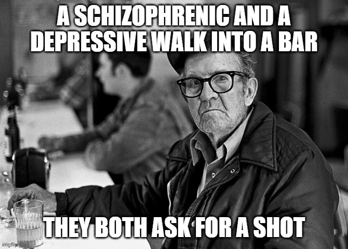 I Take One | A SCHIZOPHRENIC AND A DEPRESSIVE WALK INTO A BAR; THEY BOTH ASK FOR A SHOT | image tagged in at the bar | made w/ Imgflip meme maker