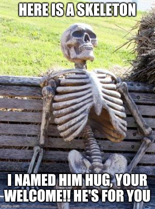 Waiting Skeleton |  HERE IS A SKELETON; I NAMED HIM HUG, YOUR WELCOME!! HE'S FOR YOU | image tagged in memes,waiting skeleton | made w/ Imgflip meme maker