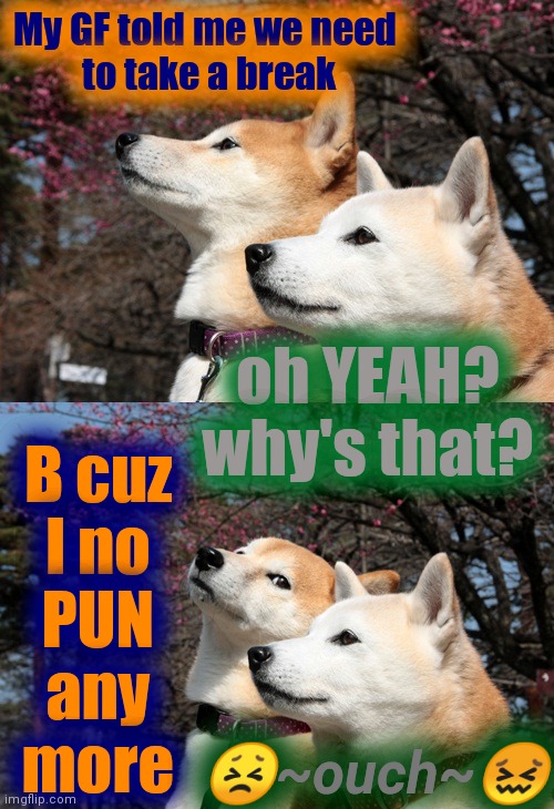Bad pun dogs | My GF told me we need 
to take a break oh YEAH? why's that? B cuz
I no
PUN
any
more ?~ouch~? | image tagged in bad pun dogs | made w/ Imgflip meme maker