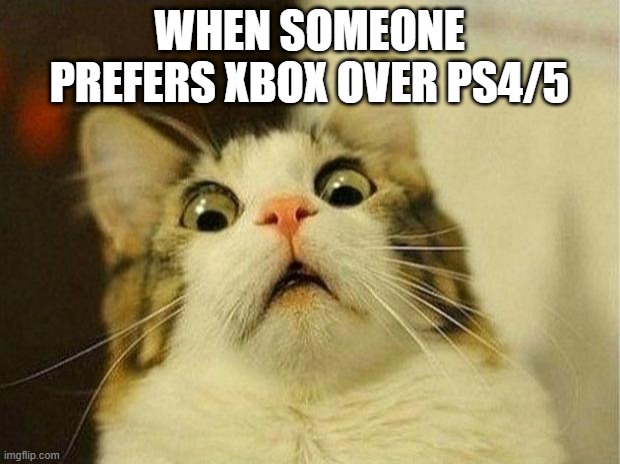 Scared Cat | WHEN SOMEONE PREFERS XBOX OVER PS4/5 | image tagged in memes,scared cat | made w/ Imgflip meme maker