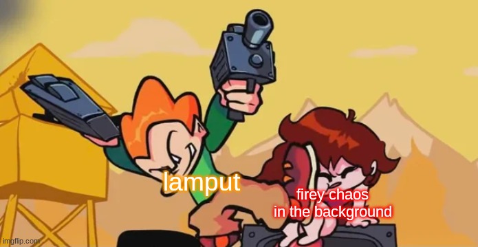 https://imgflip.com/i/5ennsf | lamput; firey chaos in the background | image tagged in pico kicking girlfriend | made w/ Imgflip meme maker