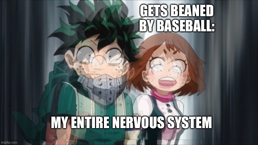 Baseball meme | GETS BEANED BY BASEBALL:; MY ENTIRE NERVOUS SYSTEM | image tagged in memes,anime,mha,baseball | made w/ Imgflip meme maker