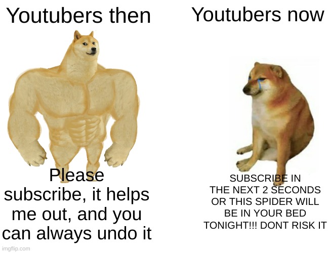 I like old youtubers | Youtubers then; Youtubers now; SUBSCRIBE IN THE NEXT 2 SECONDS OR THIS SPIDER WILL BE IN YOUR BED TONIGHT!!! DONT RISK IT; Please subscribe, it helps me out, and you can always undo it | image tagged in memes,buff doge vs cheems,funny memes,funny,gifs,doge | made w/ Imgflip meme maker