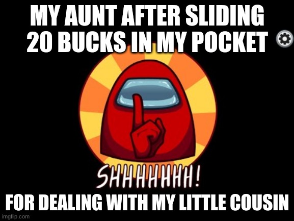 Among Us SHHHHHH | MY AUNT AFTER SLIDING 20 BUCKS IN MY POCKET; FOR DEALING WITH MY LITTLE COUSIN | image tagged in among us shhhhhh | made w/ Imgflip meme maker