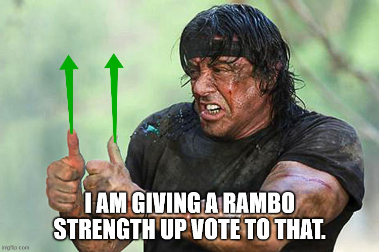 Two Thumbs Up Vote | I AM GIVING A RAMBO STRENGTH UP VOTE TO THAT. | image tagged in two thumbs up vote | made w/ Imgflip meme maker