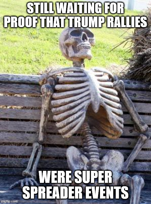 The Leftist Liberal Morons keep using that word. I don't think they know what it means. | STILL WAITING FOR PROOF THAT TRUMP RALLIES; WERE SUPER SPREADER EVENTS | image tagged in memes,waiting skeleton,super spreader event,trump rally | made w/ Imgflip meme maker