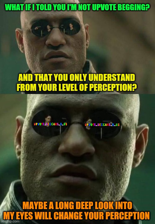 WHAT IF I TOLD YOU I'M NOT UPVOTE BEGGING? AND THAT YOU ONLY UNDERSTAND FROM YOUR LEVEL OF PERCEPTION? MAYBE A LONG DEEP LOOK INTO MY EYES WILL CHANGE YOUR PERCEPTION | image tagged in memes,matrix morpheus | made w/ Imgflip meme maker